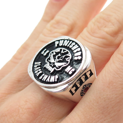 925 Sterling Silver Vintage 1999 Enamel Punishers Black Swamp Ring Size 8.75