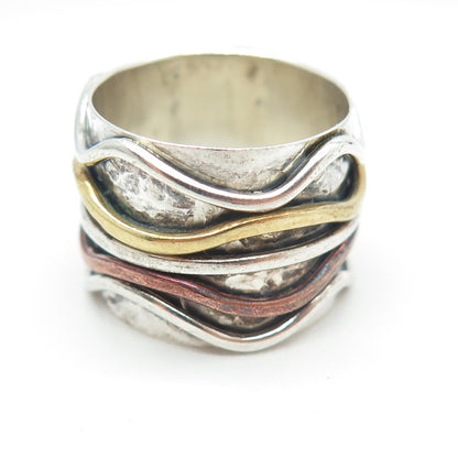 925 Sterling Silver 3-Tone Vintage Modernist Wavy Ring Size 8.5