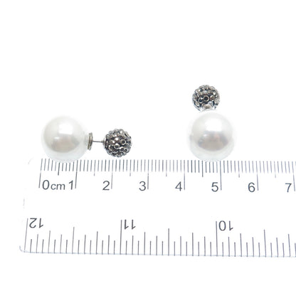 925 Sterling Silver Real Marcasite & Faux Pearl 10mm Double Sided Stud Earrings