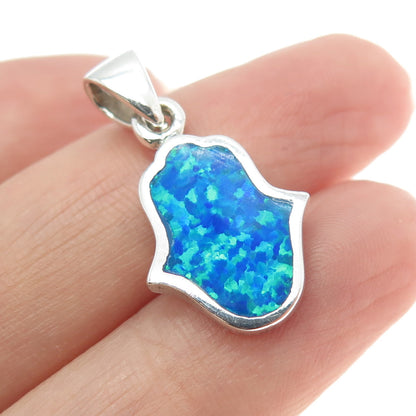 925 Sterling Silver Real Opal Gem Inlay Hamsa / Hand of Fatima Pendant