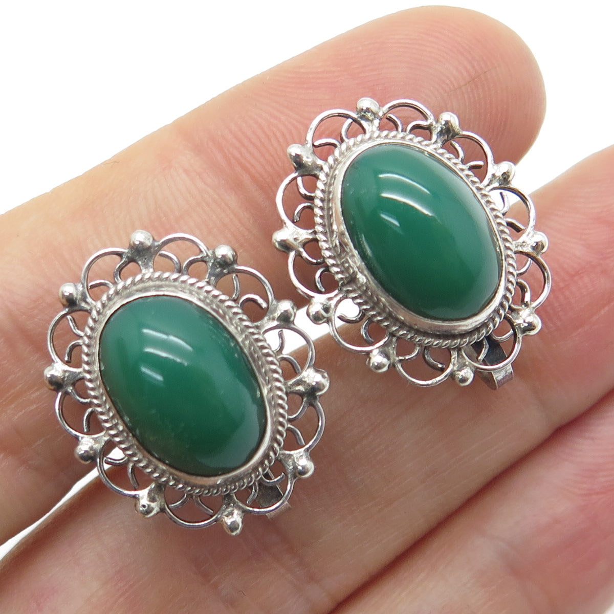 925 Sterling Silver Vintage Mexico Real Green Onyx Floral Screw Back Earrings