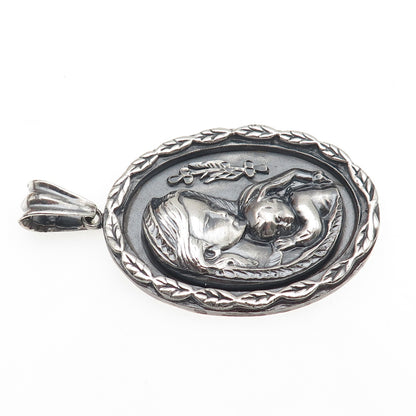 925 Sterling Silver Vintage St. Mary & Baby Jesus Oxidized Large Medal Pendant