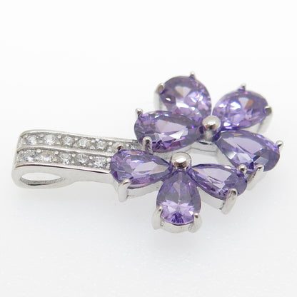 925 Sterling Silver Purple & White C Z Floral Pendant