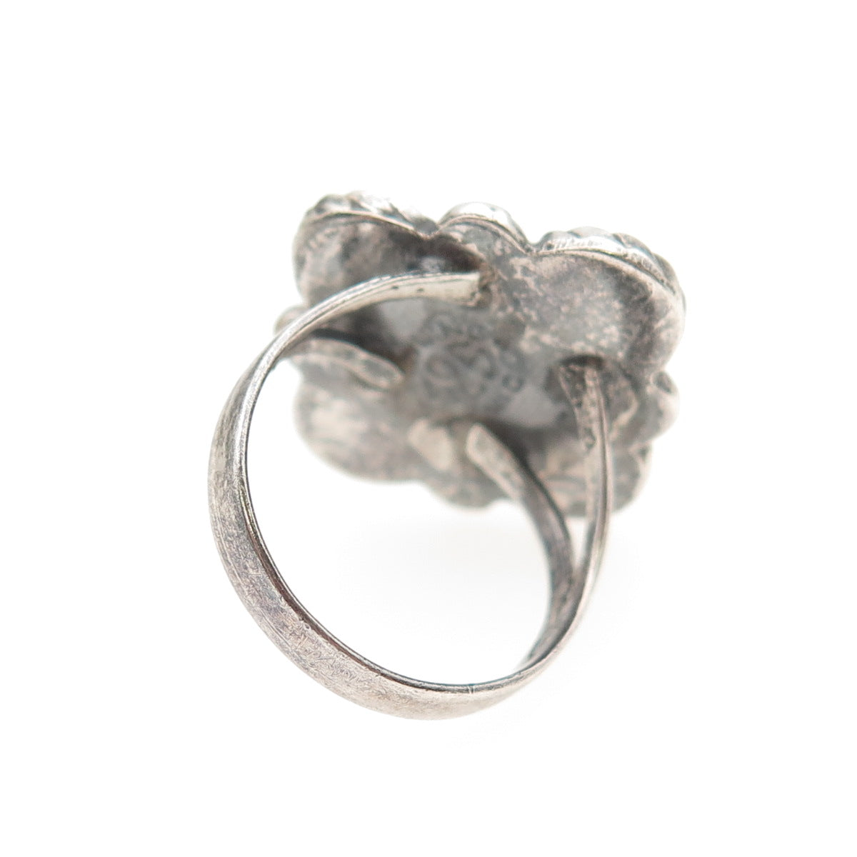 925 Sterling Silver Vintage Mexico Real Turquoise Flower Oxidized Ring Size 6.25