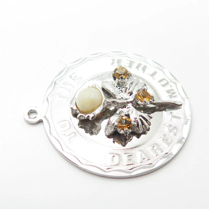 925 Sterling Silver Vintage Pearl & Citrine Gem "To The Dearest Mother" Pendant