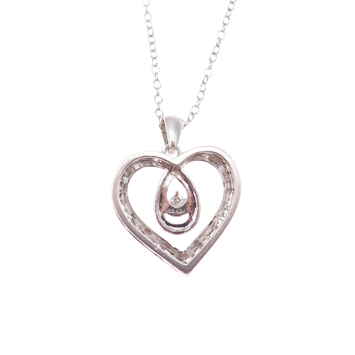 925 Sterling Silver Real Round-Cut Diamond Heart Cable Chain Necklace 18"