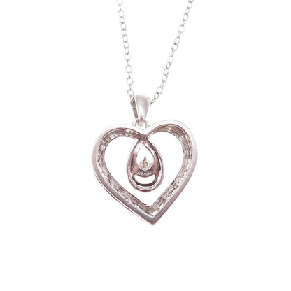 925 Sterling Silver Real Round-Cut Diamond Heart Cable Chain Necklace 18"
