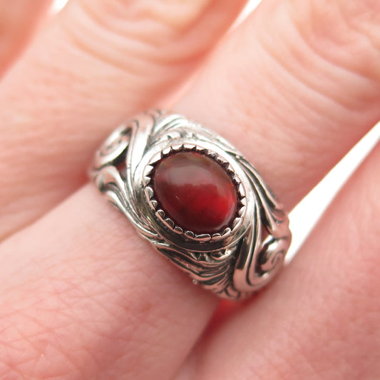 925 Sterling Silver Vintage Real Amber Floral Oxidized Ring Size 7.75
