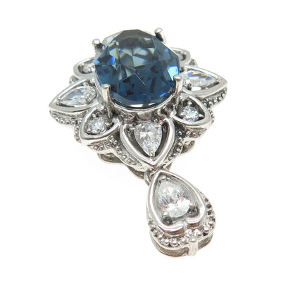 SAI 925 Sterling Silver Oval Round & Pear-Cut Blue White C Z Floral Pendant