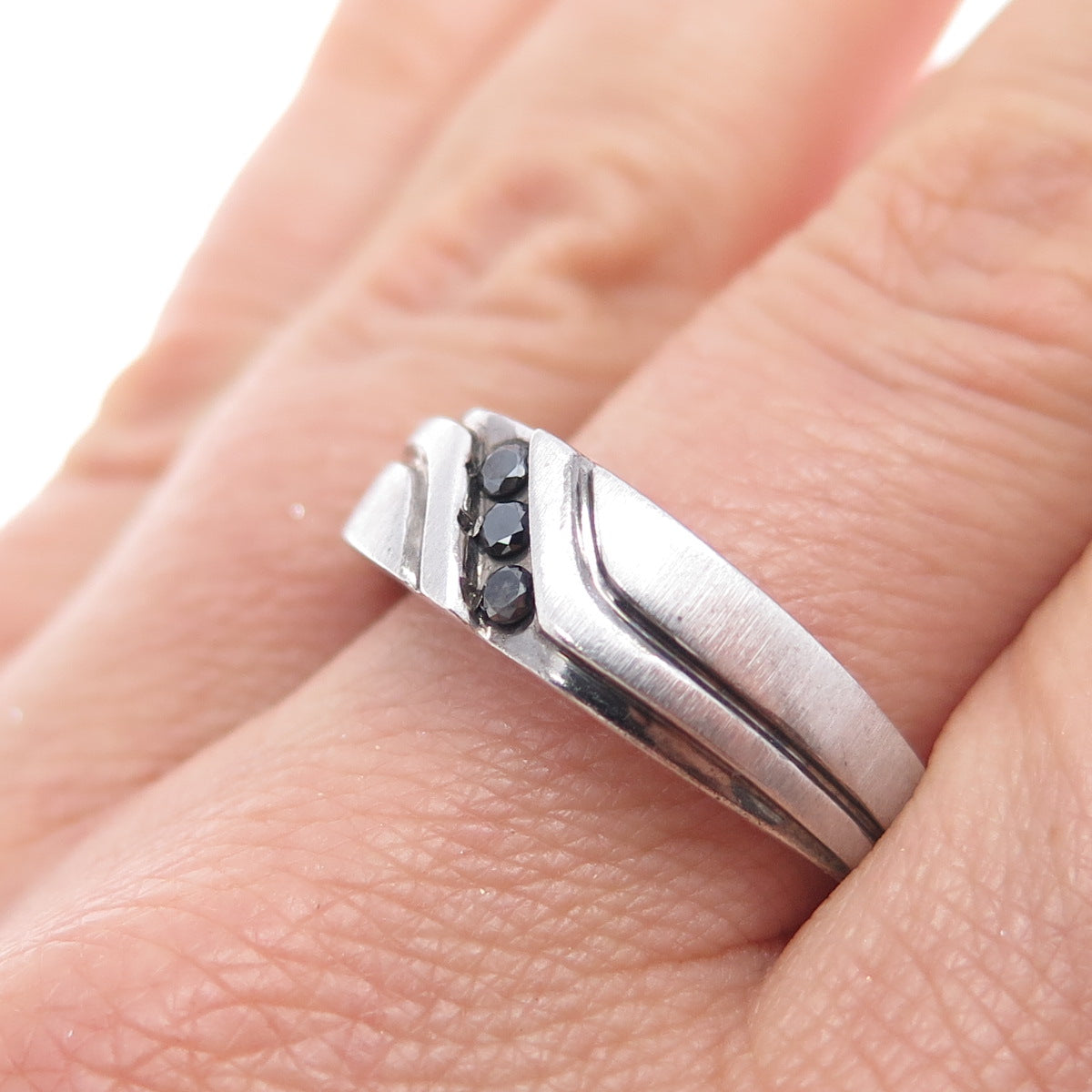 925 Sterling Silver Real Round-Cut Black Diamond Ring Size 10.75