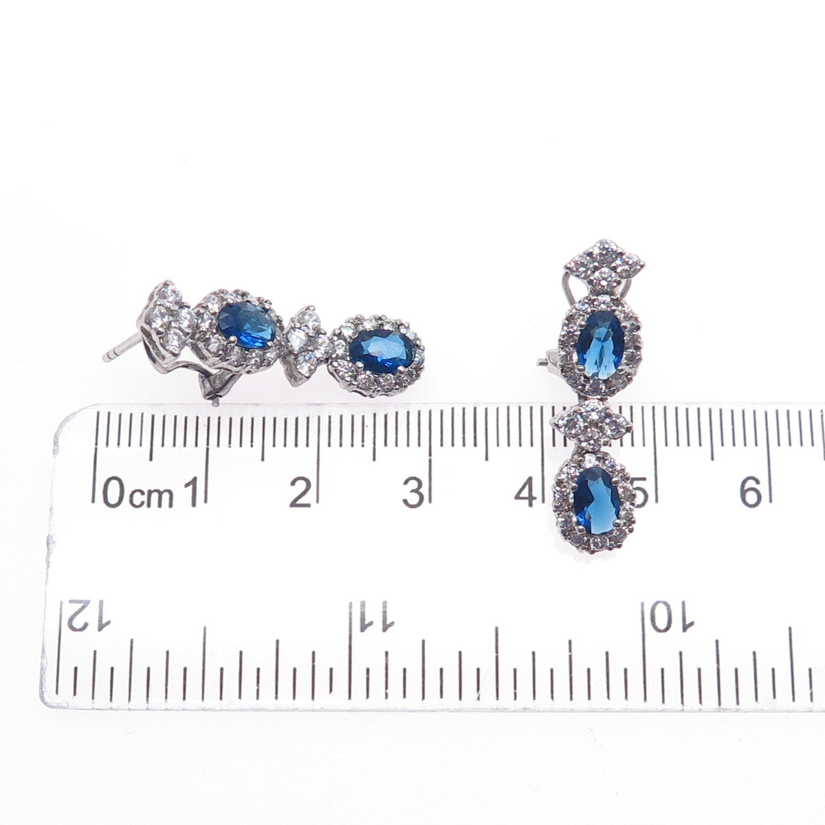 925 Sterling Silver Blue & White C Z Dangle Omega Back Earrings