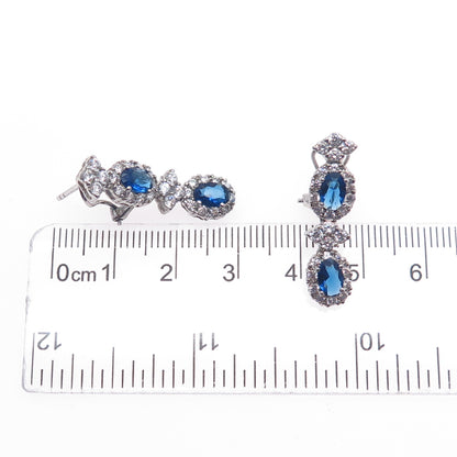 925 Sterling Silver Blue & White C Z Dangle Omega Back Earrings