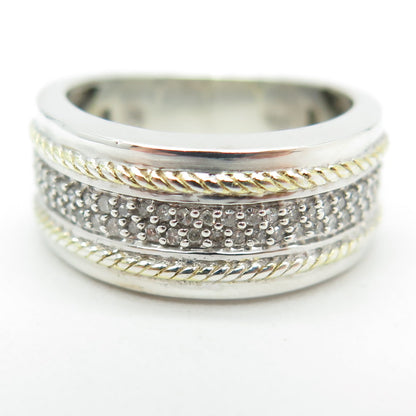 925 Sterling Silver 2-Tone Real Round-Cut Diamond Roped Ring Size 6