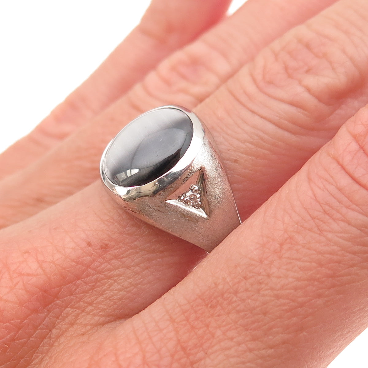 Dason 925 Sterling Silver Vintage Real Diamond & Cat's Eye Ring Size 10