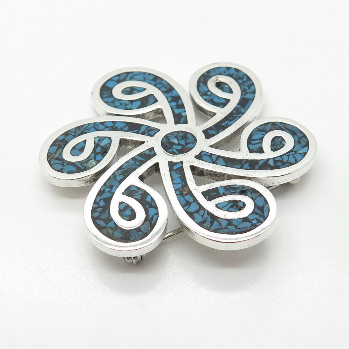 925 Sterling Silver Vintage Mexico Real Turquoise Gem Inlay Pin Brooch