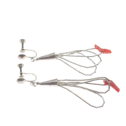 SUNRISE Old Pawn Sterling Silver Coral Liquid Chain Tassel Screw Back Earrings