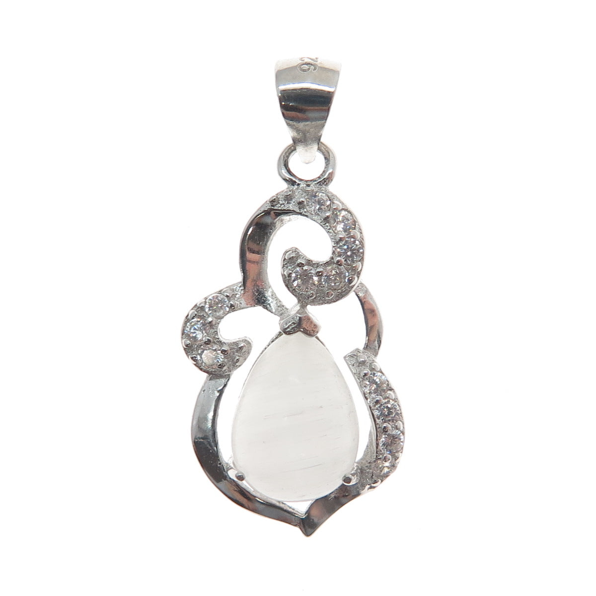 925 Sterling Silver Real Clear Quartz & C Z Ornate Minimalist Charm Pendant