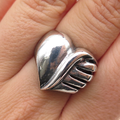 925 Sterling Silver Vintage Modernist Heart Oxidized Ring Size 6.75