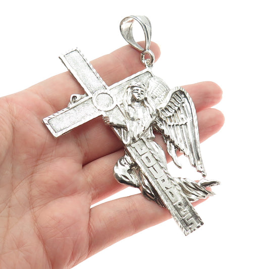 1 OF A KIND 925 Sterling Silver Vintage Lourdes Cross Angel Religious Pendant