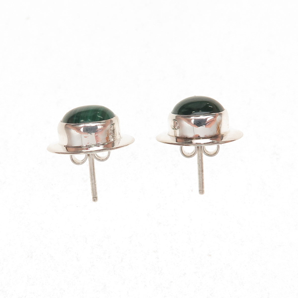 925 Sterling Silver Vintage Real Malachite Modernist Disc Stud Earrings