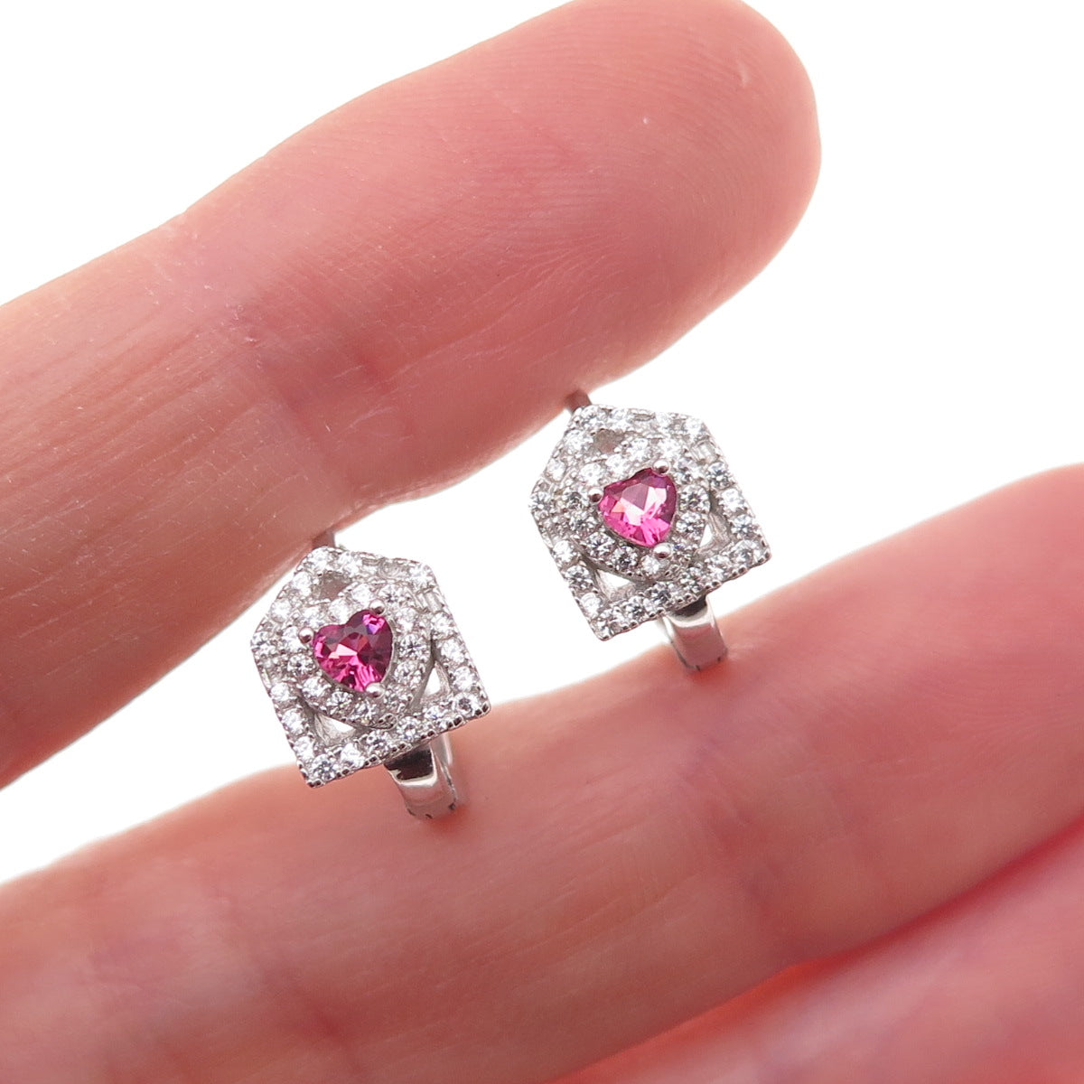 925 Sterling Silver Pink & White C Z Heart Hoop Earrings