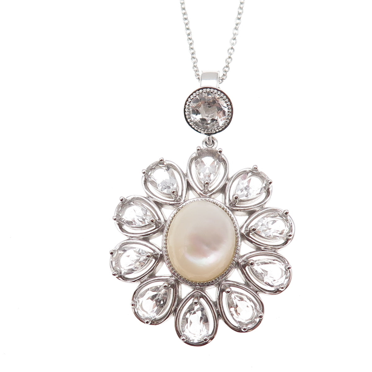 925 Sterling Silver Mexico Real MOP White Topaz Flower Cable Chain Necklace 18"