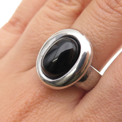 925 Sterling Silver Vintage Real Black Onyx Modernist Oxidized Ring Size 9