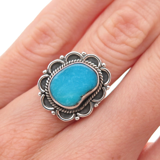 925 Sterling Silver Vintage Real Turquoise Floral Oxidized Ring Size 5.75