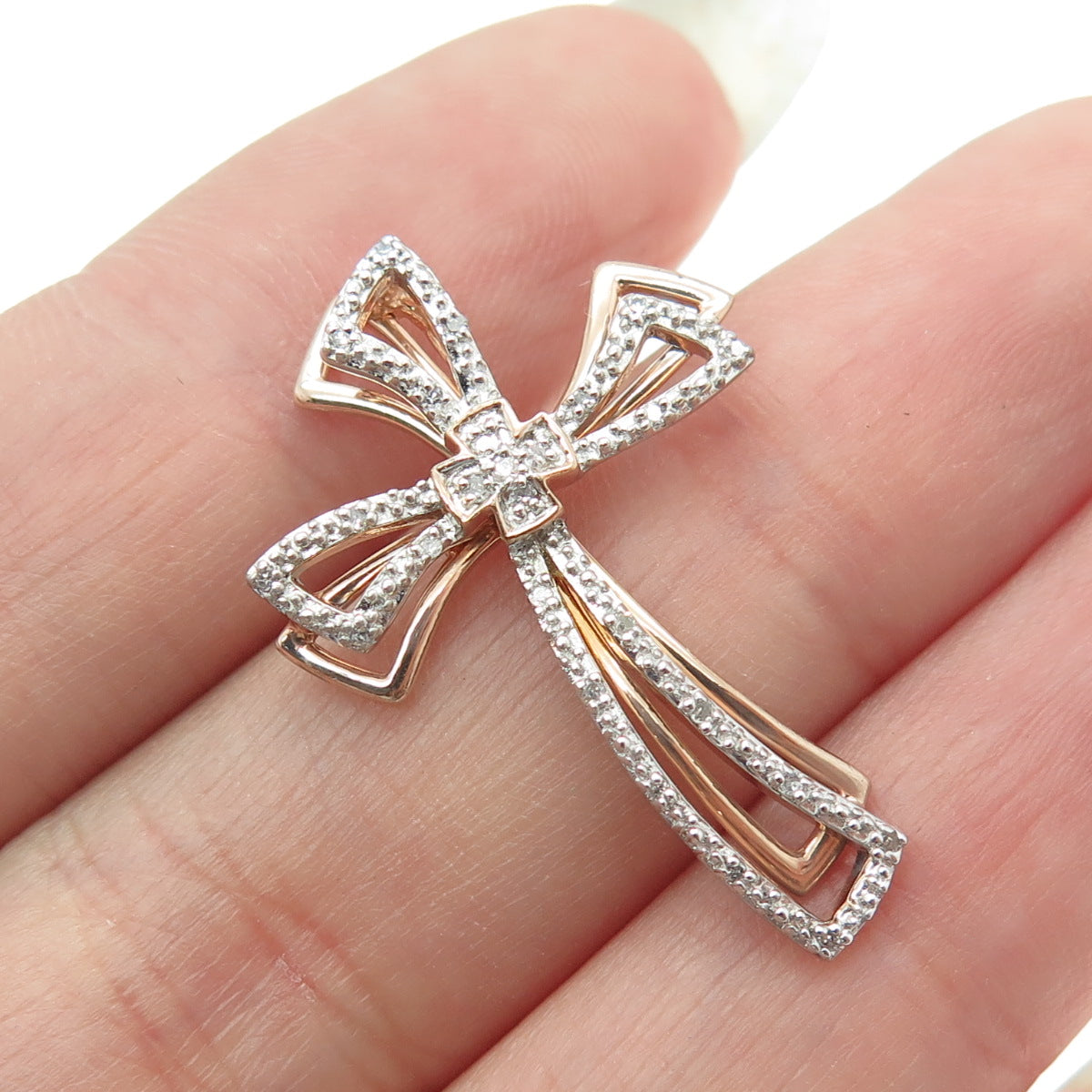 925 Sterling Silver 2-Tone Real Round-Cut Diamond Cross Slide Pendant