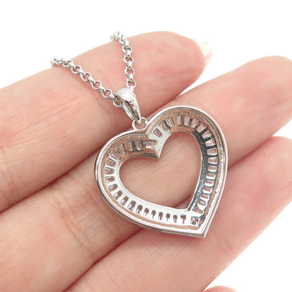 925 Sterling Silver Italy Round & Tapered Baguette-Cut C Z Heart Necklace 16"