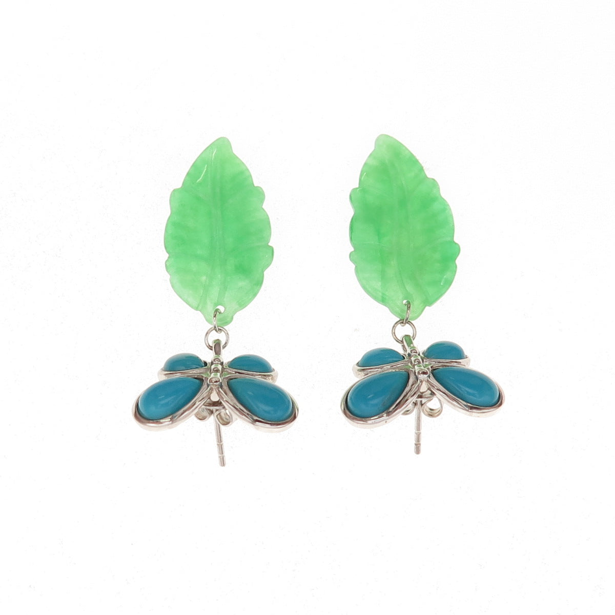 925 Sterling Silver Real Turquoise & Jade Butterfly Floral Dangle Earrings