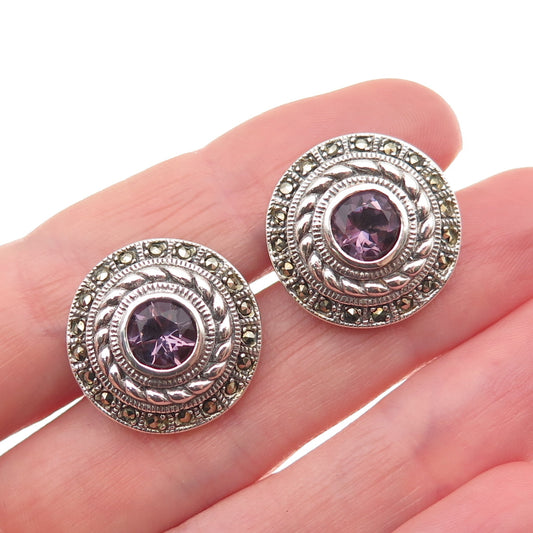 925 Sterling Silver Vintage Real Amethyst & Marcasite Oxidized Earrings