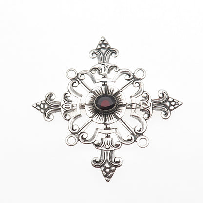 925 Sterling Silver Vintage Real Garnet Fleur de Lis Cross Oxidized Pin Brooch