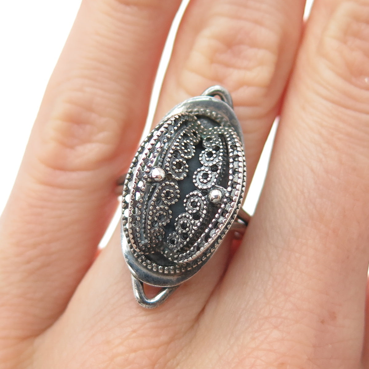 BEAU Sterling Silver Antique Art Deco Filigree Oxidized Adjustable Ring Size 6