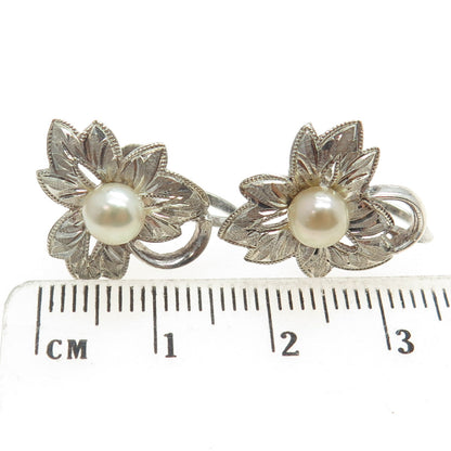 925 Sterling Silver Antique Art Deco Real Pearl Leaf Screw Back Earrings