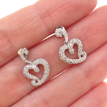 925 Sterling Silver Round-Cut C Z Heart Dangle Earrings