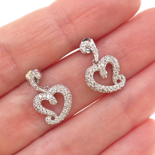 925 Sterling Silver Round-Cut C Z Heart Dangle Earrings