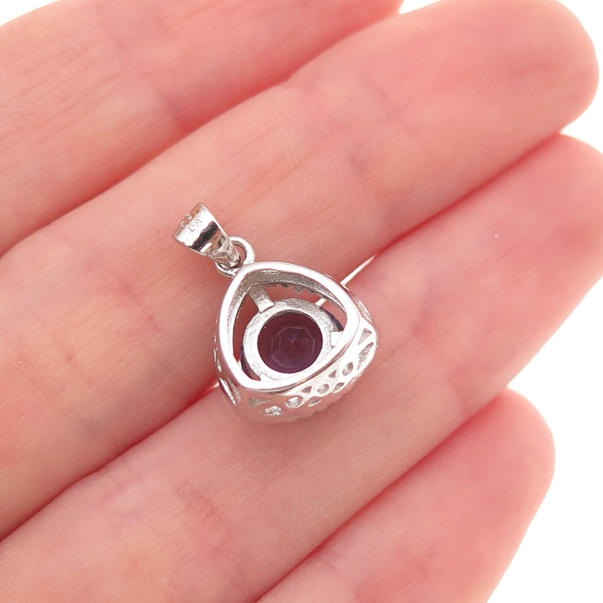 925 Sterling Silver Vintage Real Amethyst & C Z Charm Pendant