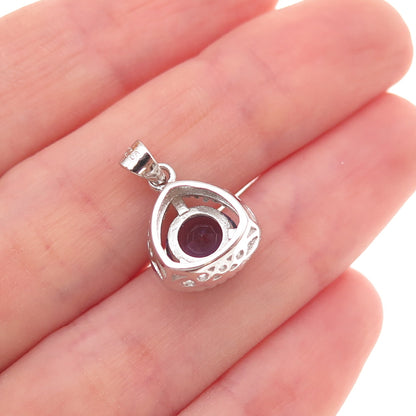 925 Sterling Silver Vintage Real Amethyst & C Z Charm Pendant