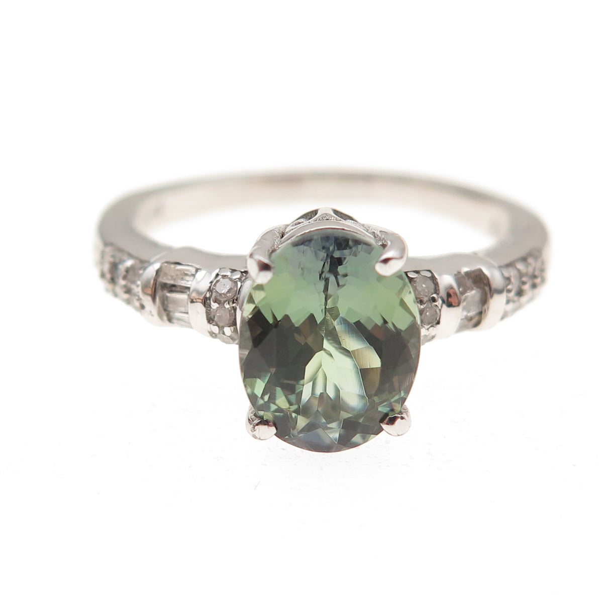 D'Joy 925 Sterling Silver Real Diamond & Green Amethyst Ring Size 8
