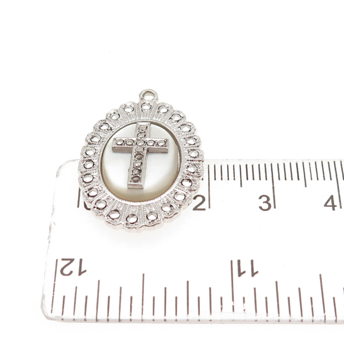 Kimler & Daniel Sterling Antique Marcasites MOP Cross Pendant (missing 2 stones)