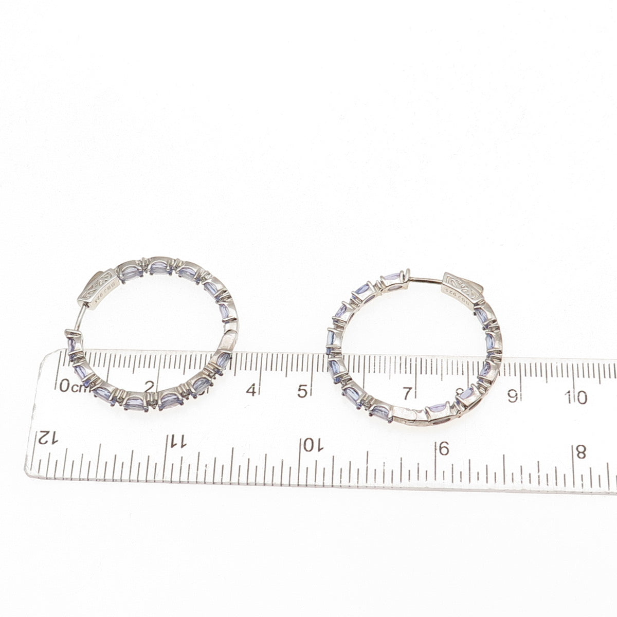 925 Sterling Silver Real Tanzanite White Topaz In & Out Hoop Earrings