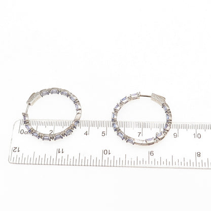 925 Sterling Silver Real Tanzanite White Topaz In & Out Hoop Earrings