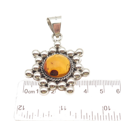 925 Sterling Silver Vintage Mexico Real Amber Modernist Beaded Pendant
