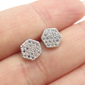 925 Sterling Silver Round-Cut C Z Hexagon Stud Earrings