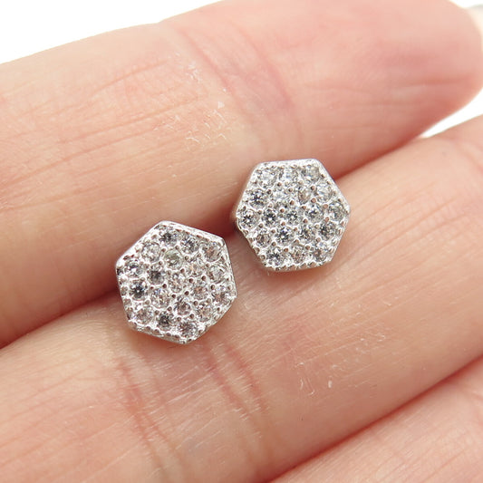 925 Sterling Silver Round-Cut C Z Hexagon Stud Earrings