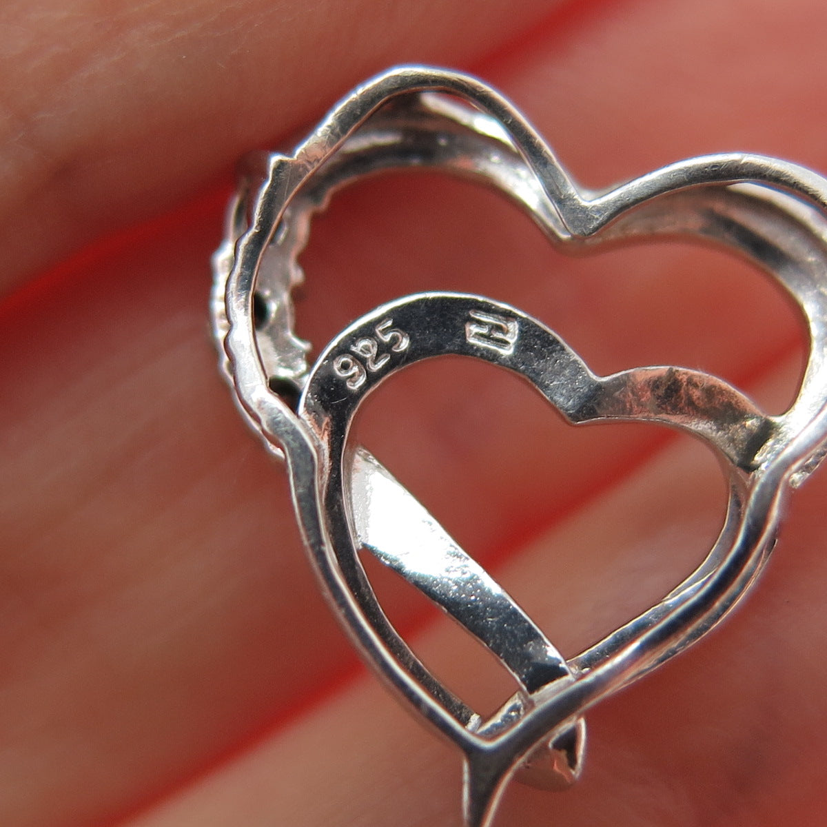 925 Sterling Silver Real Diamond Double Heart Minimalist Slide Charm Pendant