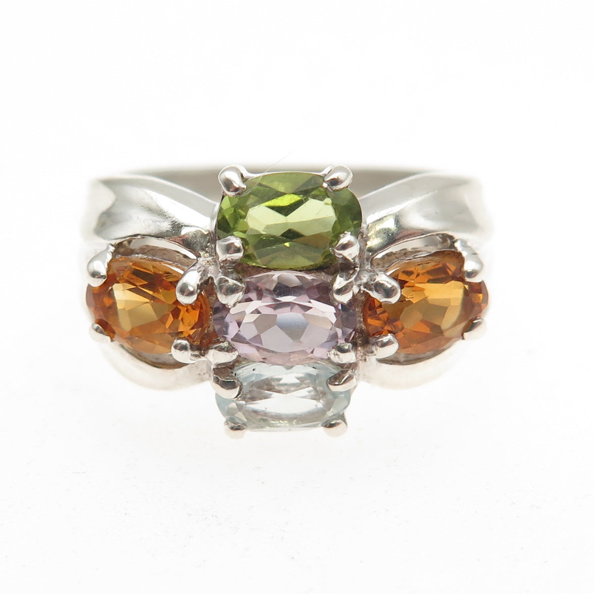 925 Sterling Silver Vintage Real Blue Topaz Amethyst Citrine Peridot Ring Size 6