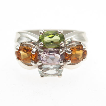 925 Sterling Silver Vintage Real Blue Topaz Amethyst Citrine Peridot Ring Size 6