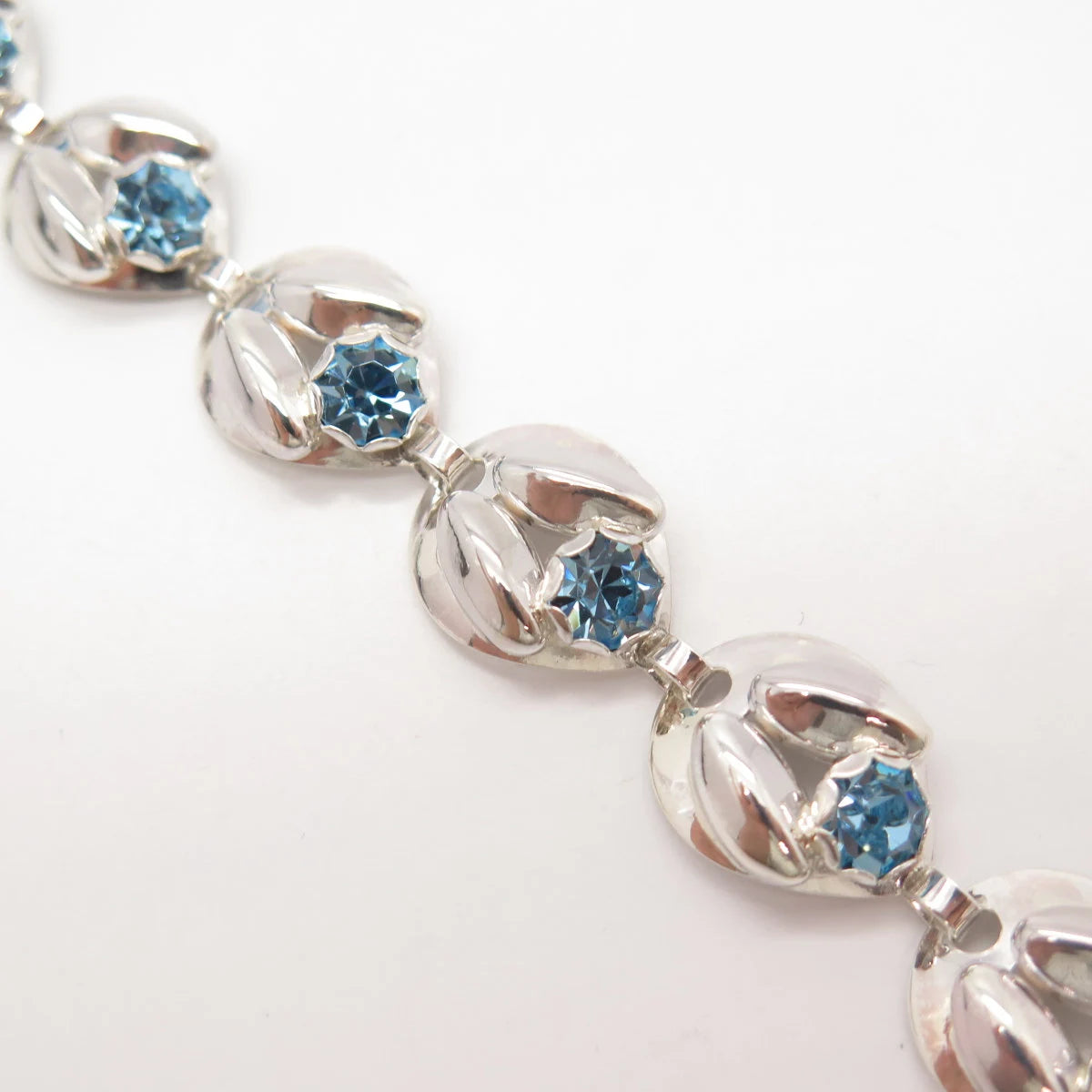 925 Sterling Silver Vintage Blue Rhinestone Modernist Link Bracelet 7.5"